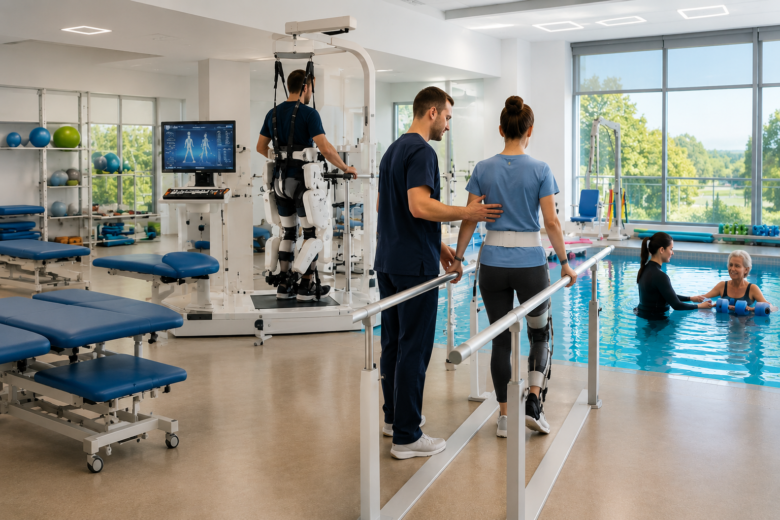 Supervised aquatic physical rehabilitation in a therapeutic pool