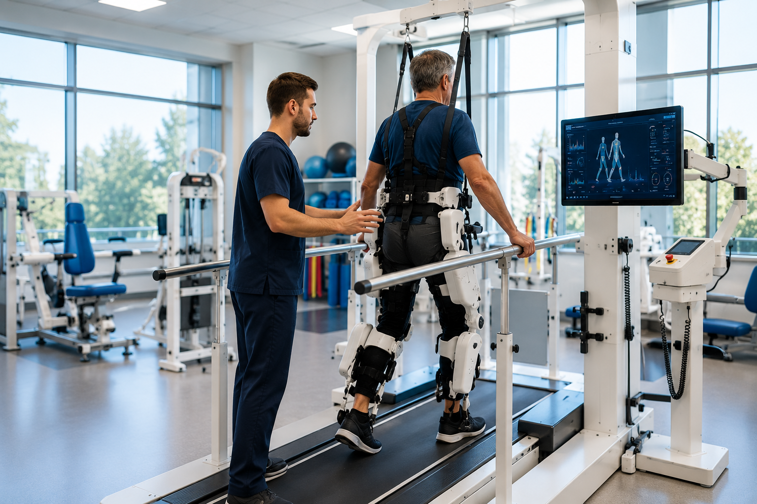 Patient receiving supervised robot-assisted gait rehabilitation